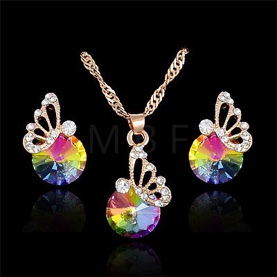 Butterfly & Flat Round Alloy Rhinestone Pendant Necklaces & Stud Earrings FS-WG892EC-07-1
