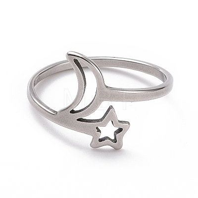 201 Stainless Steel Moon & Star Finger Ring RJEW-J051-28P-1