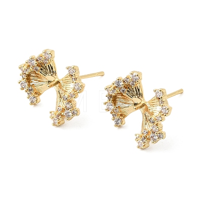 Brass Micro Pave Clear Cubic Zirconia Bowknot Stud Earring Findings KK-G553-08G-1