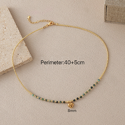 Stainless Steel Heart Pendant Faceted Round Natural Turquoise with Miyuki Beaded Necklaces UF0843-6-1