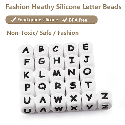 20Pcs White Cube Letter Silicone Beads 12x12x12mm Square Dice Alphabet Beads with 2mm Hole Spacer Loose Letter Beads for Bracelet Necklace Jewelry Making JX432X-1