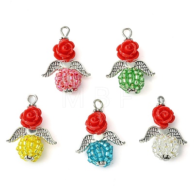 Red Rose Flower Resin & Glass Seed Beads Pendants PALLOY-MZ00289-02-1