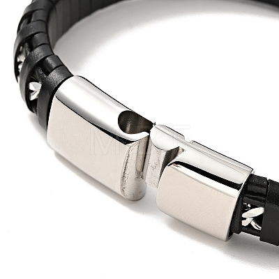 Black Leather & 304 Stainless Steel Rope Braided Cord Bracelet Magnetic Clasp for Men Women BJEW-C021-12-1