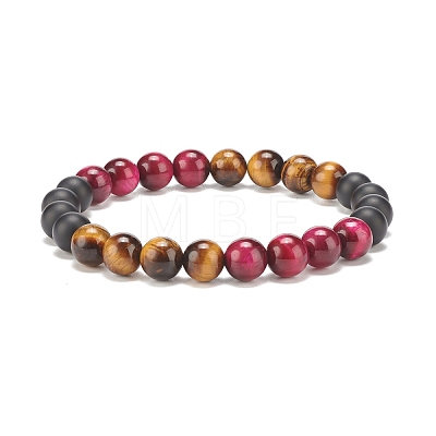 4Pcs 4 Colors Natural Tiger Eye & Black Agate(Dyed) Round Beaded Stretch Bracelets Set BJEW-JB08086-1