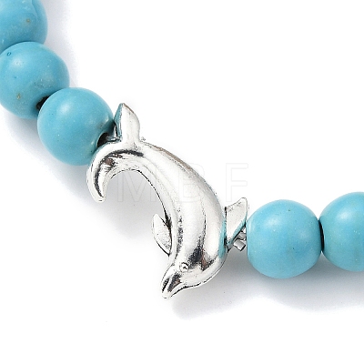 Tibetan Style Alloy Dolphin & Synthetic Turquoise Round Beaded Stretch Bracelet BJEW-JB09895-02-1