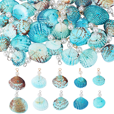 50Pcs 2 Colors Dyed Natural Shell & Imitaiton Round White Pearl Pendants SHEL-NB0001-70-1