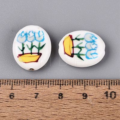 Hand Painted Tulip Flower Oval Porcelain Beads PORC-N012-11F-1