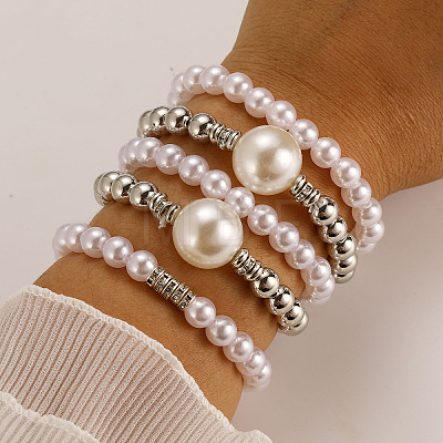5Pcs 5 Styles Stylish CCB Plastic & Plastic Pearl & Rhinestone Beads Stretch Bracelets for Women WGF408F-01-1