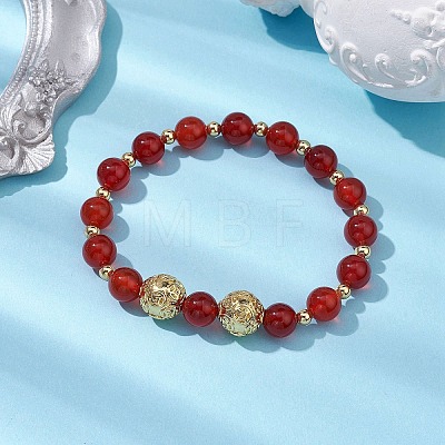 8mm Round Natural Carnelian & 10mm Round Brass Beaded Stretch Bracelets for Women BJEW-JB10557-1