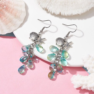 Shell with Starfish Shape Alloy Dangle Earrings EJEW-JE05622-01-1