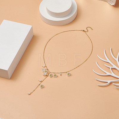 ABS Plastic Flower & Shell Pearl Charms Lariat Necklace NJEW-TA00055-1