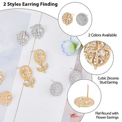 8Pcs 4 Style Flat Round with Flower Brass Micro Pave Clear Cubic Zirconia Stud Earrings Findings KK-DC0002-90-1