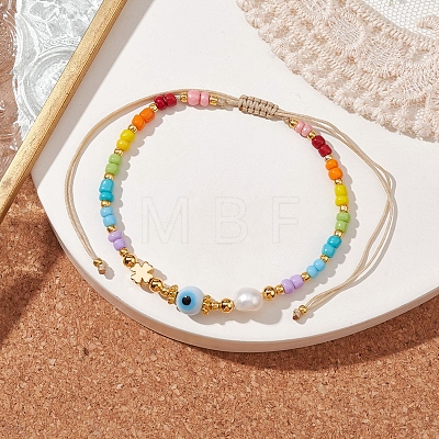 Colorful Glass Seed & Brass Braided Bead Bracelet BJEW-JB10138-02-1