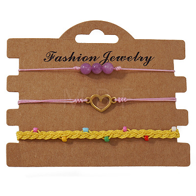 3Pcs 3 Styles Natural Amethyst & Glass Round Beads Braided Bead Bracelets & Stainless Steel Heart Link Bracelets LB7339-2-1