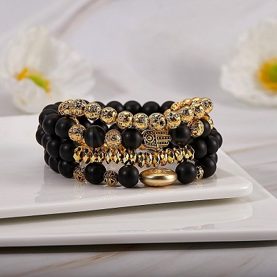 Natural Lava Rock & Synthetic Black Stone Round Beads Energy Stretch Bracelets Set BJEW-SZ0001-85-1