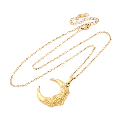 Moon with Flower 304 Stainless Steel Pendant Necklaces NJEW-H059-11G-1