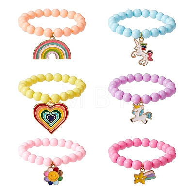 Candy Color Acrylic Round Beads Stretch Bracelets Set with Rainbow Color Enamel Charms for Kids BJEW-PH01488-1