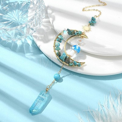 Wire Wrapped Synthetic Turquoise Chips & Brass Moon Pendant Decorations HJEW-TA00103-03-1