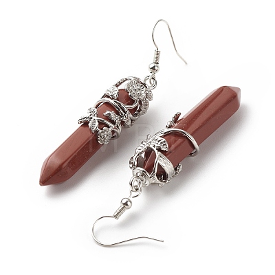 Natural Red Jasper Bullet with Flower Dangle Earrings EJEW-G300-02P-10-1