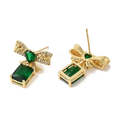 Rack Plating Real 18K Gold Plated Brass Bowknot with Rectangle Dangle Stud Earrings EJEW-B034-10G-1