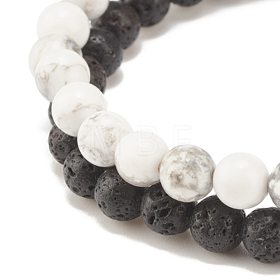 2Pcs Natural Lava Rock & Howlite Round Beaded Stretch Bracelets Set with Synthetic Hematite Column BJEW-JB08060-01-1