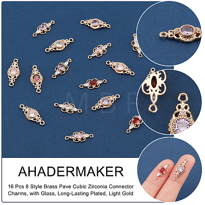 AHADERMAKER 16Pcs 8 Style Brass Pave Cubic Zirconia Connector Charms KK-GA0001-29-1