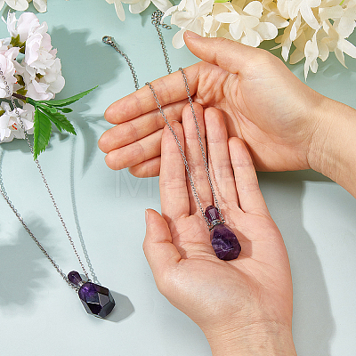 Natural Amethyst Faceted Perfume Bottle Pendant 304 Stainless Steel Cable Chain Necklaces NJEW-WH0002-268B-1