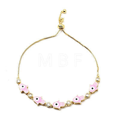 Clear Cubic Zirconia & Enamel Hamsa Hand with Evil Eye Links Slider Bracelet BJEW-A127-02G-1