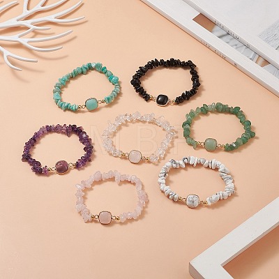 7Pcs 7 Style Natural & Synthetic Mixed Gemstone Square & Chips Beaded Stretch Bracelets Set for Women BJEW-JB09938-1