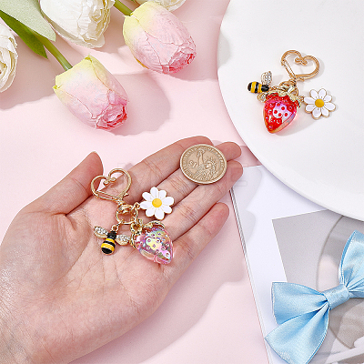 2Pcs 2 Colors Resin & Enamel Strawberry with Flower Keychains KEYC-PH0002-41-1