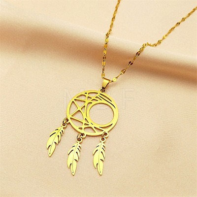 Woven Net/Web with Feather 304 Stainless Steel Pendant Necklaces for Women NJEW-G087-09G-1