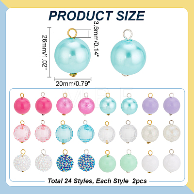 48Pcs 24 Style Resin Rhinestone & Acrylic Round Ball Charms DIY Jewelry Making Finding Kit PALLOY-PHE00002-1