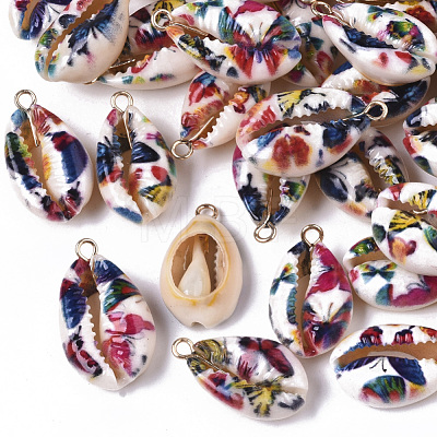 Printed Natural Cowrie Shell Pendants X-SSHEL-R047-02-B01-1