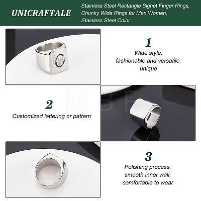 Unicraftale 3Pcs 3 Size 304 Stainless Steel Rectangle Signet Finger Rings RJEW-UN0001-26P-1