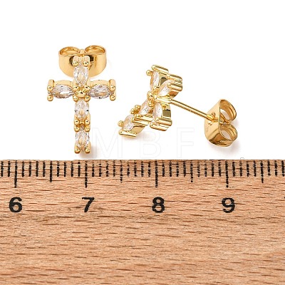 Brass Micro Pave Clear Cubic Zirconia Cross Stud Earrings EJEW-K267-41G-1