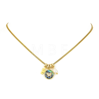 Brass Natural Paua Shell & Pearl Pendant 304 Stainless Steel Curb Chain Necklaces for Women NJEW-JN06258-02-1