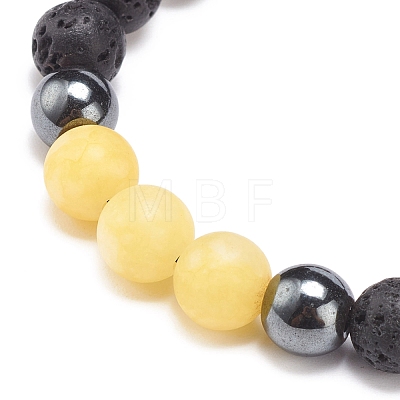 Gold Natural White Jade(Dyed) & Lava Rock & Synthetic Hematite Round Braided Bead Bracelet BJEW-JB08387-03-1