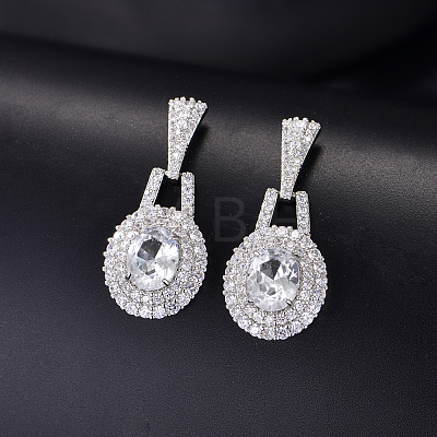 Brass Micro Pave Cubic Zirconia Oval Stud Dangle Earrings for Women BT3883-3-1