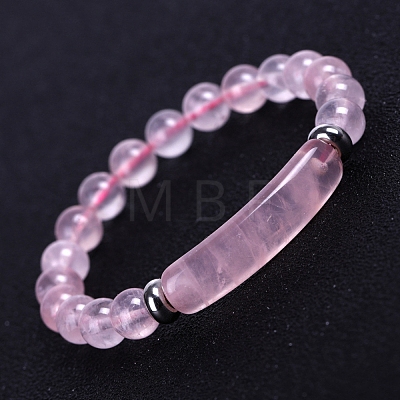 Natural Rose Quartz Curved Rectangle Beaded Stretch Bracelet PW-WG67660-01-1