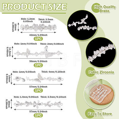 4Pcs 4 Styles Brass Pave Clear Cubic Zirconia Flower Butterfly Connector Charms KK-TA0008-72S-1
