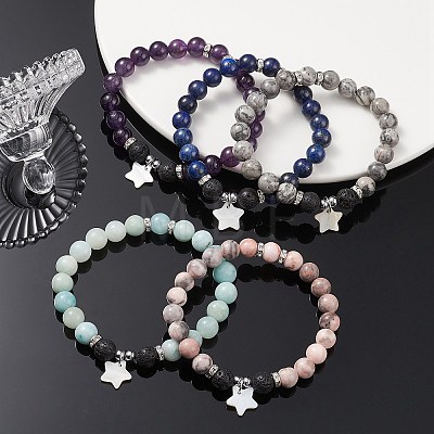 Natural Lava Rock & Synthetic Hematite & Mixed Gemstone Beaded Stretch Bracelets with Shell Star Charms BJEW-JB09402-1