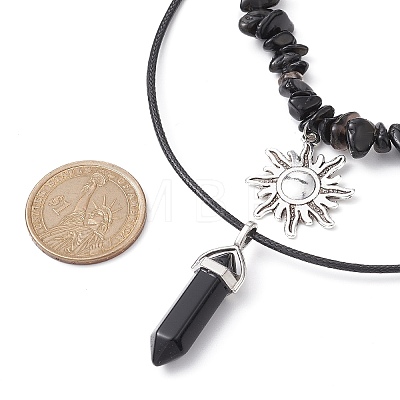 2Pcs 2 Style Natural Obsidian Bullet & Alloy Sun Pendant Necklaces Set NJEW-JN04514-02-1