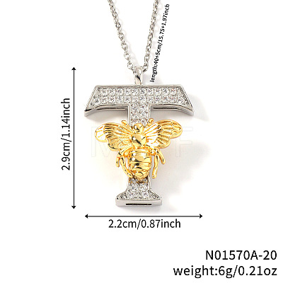 Brass Micro Pave Clear Cubic Zirconia Bee Initial Pendant Necklaces FS-WGF5E80-20-1