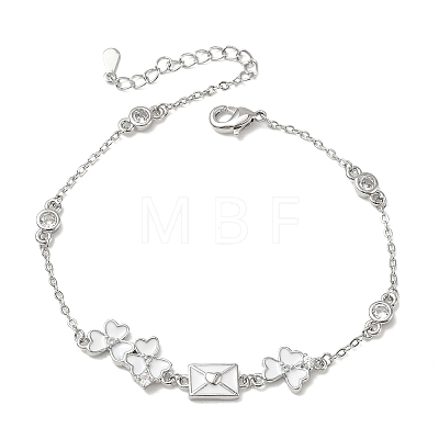 Brass Pave Clear Cubic Zirconia Clover Envelope Link Bracelets KK-CBA6980-18P-1