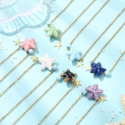 Ocean Handmade Porcelain Starfish Pendant 304 Stainless Steel Cable Chain Necklaces for Women NJEW-JN06138-1