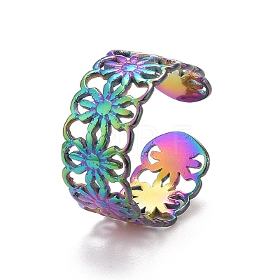 Rainbow Color Ion Plating(IP) 304 Stainless Steel Sunflower Open Cuff Ring for Women RJEW-A005-42MC-1