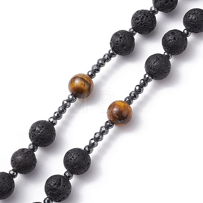 Natural Tiger Eye & Lava Rock & Synthetic Hematite Rosary Bead Necklaces NJEW-JN04461-02-1