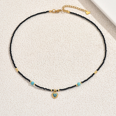 Vintage Stainless Steel Pave Synthetic Turquoise Heart Pendant Glass Faceted Round Beaded Necklaces for Women UN1640-1