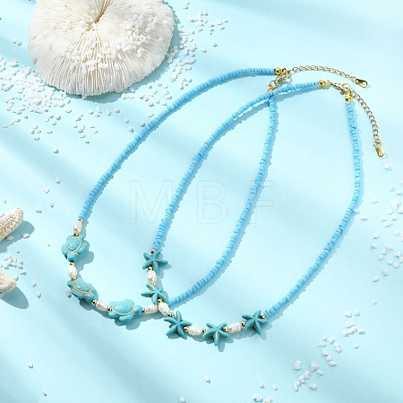 2Pcs 2 Styles Ocean Turtle Starfish Synthetic Turquoise & Natural Pearl & Glass Seed Beaded Necklaces NJEW-JN06130-04-1
