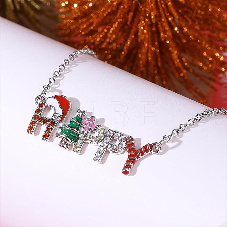 Alloy Enamel with Hyacinth Rhinestone Christmas Tree Word Happy Pendant Necklaces for Women FS-WG84419-01-1